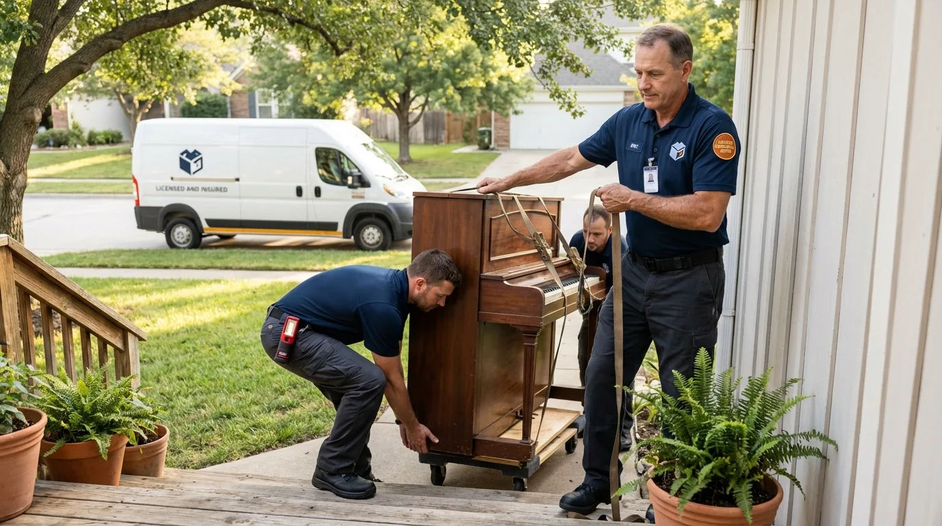 Licensed piano movers securing grand piano in Due West, SC