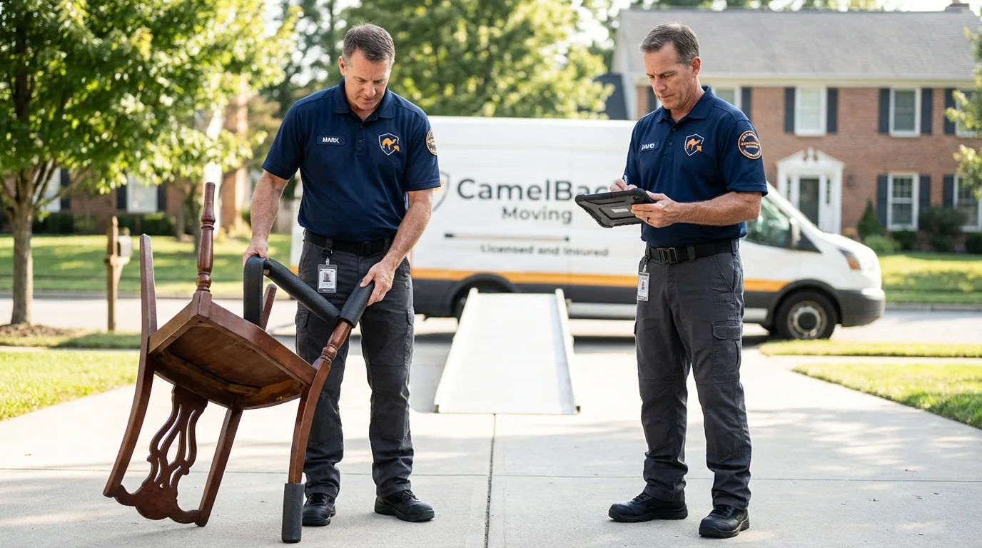 Movers inspecting furniture for damage prevention before loading in Due West, SC
