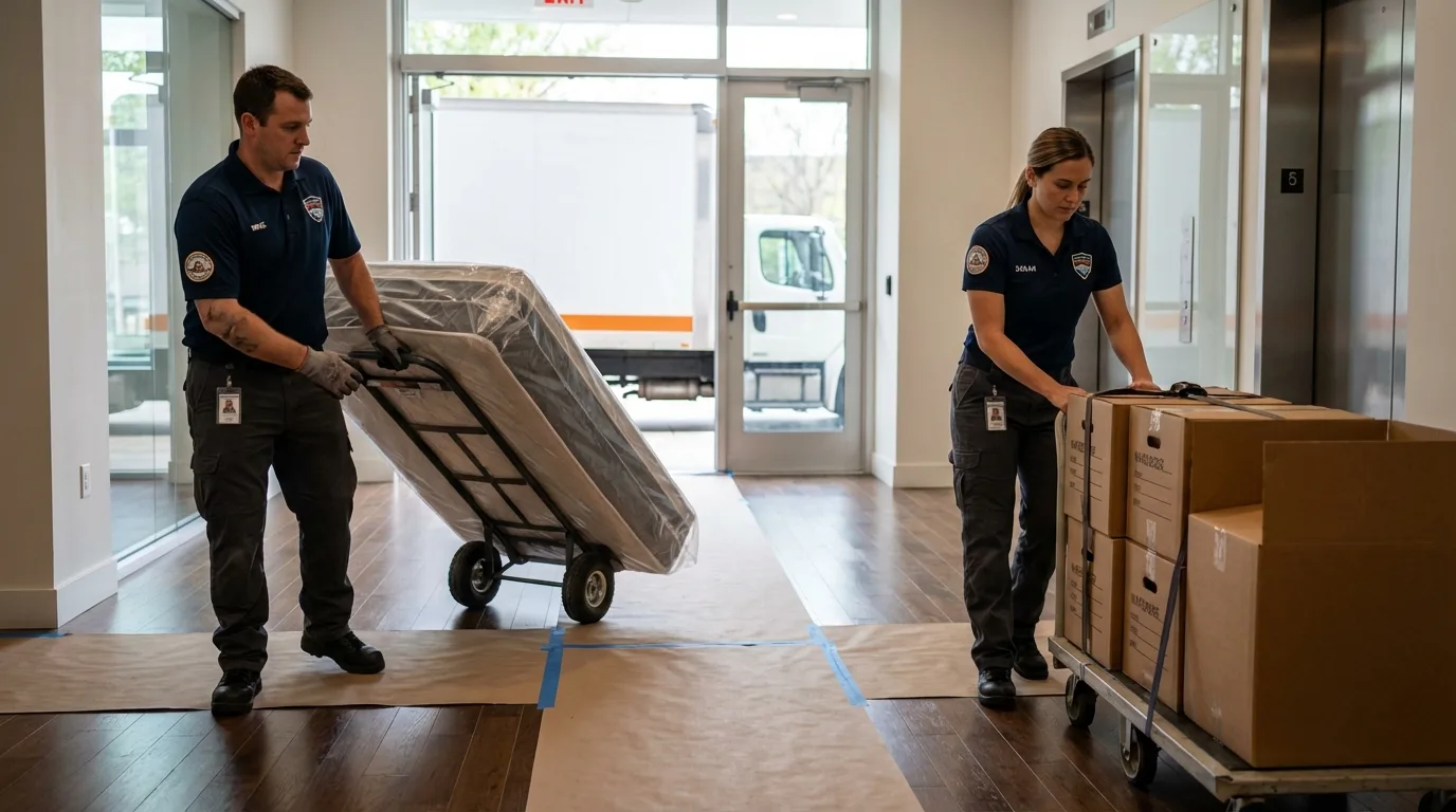 Professional apartment movers loading elevator in Due West, SC